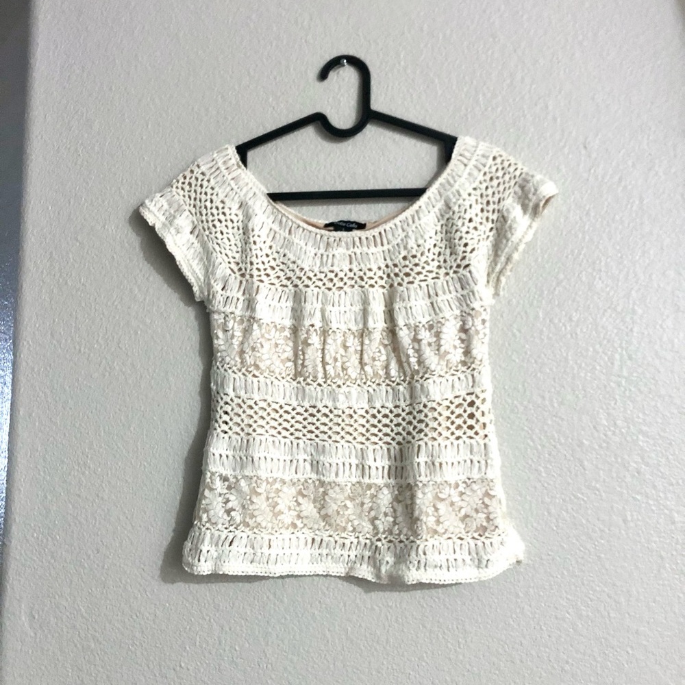 Crochet Lace Short Sleeve Top - Cream